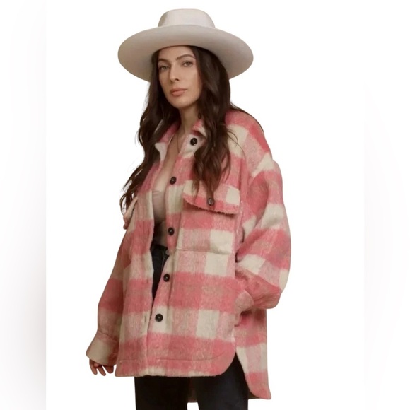 By Together Pink Tan Plaid Button Front Pockets Shirt Jacket Sz S - Picture 1 of 16